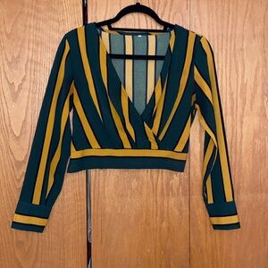 Green and Orange Striped Faux Wrap Crop Top